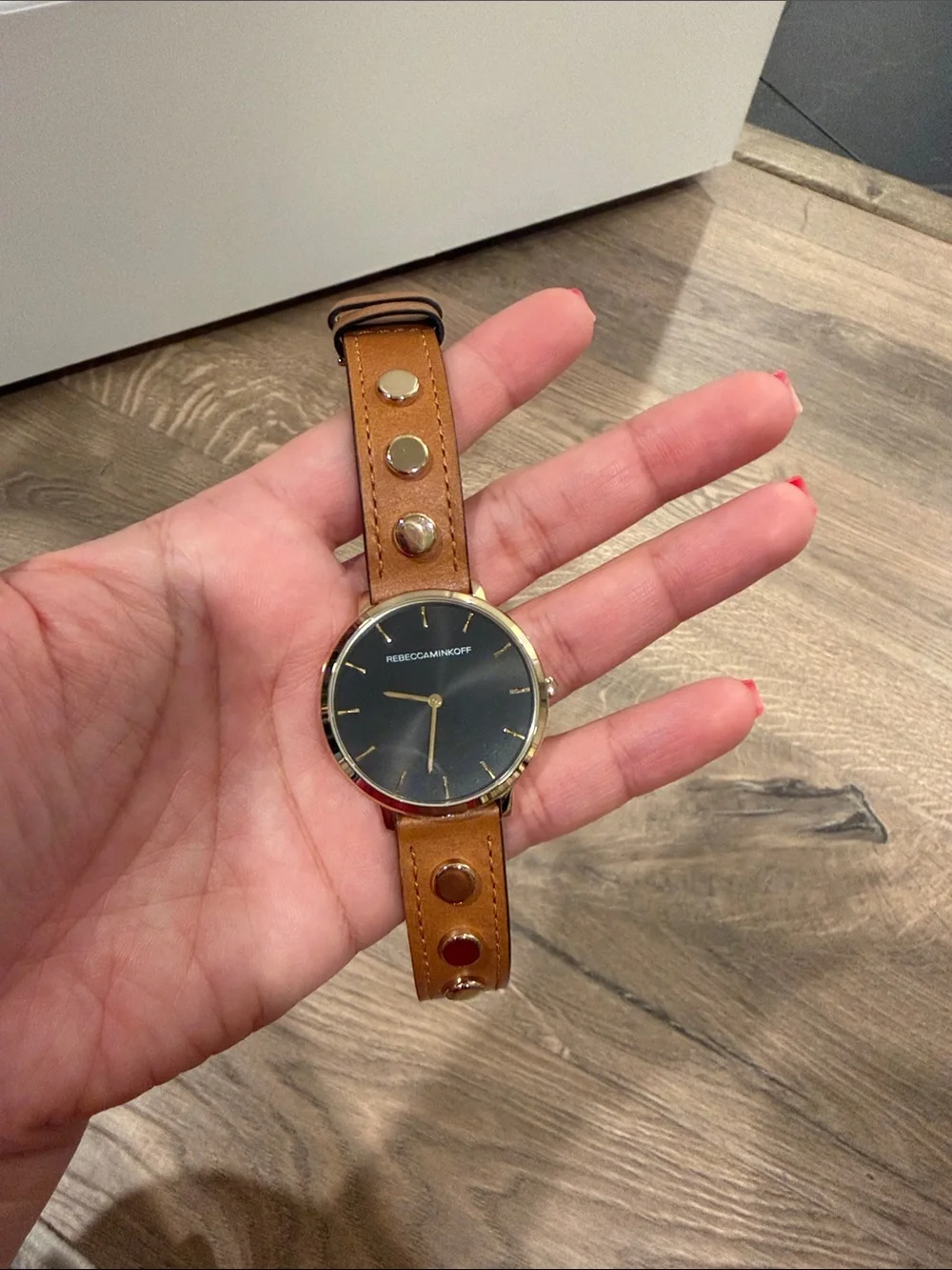 Rebecca Minkoff Leather Stud Watch with Black Dial